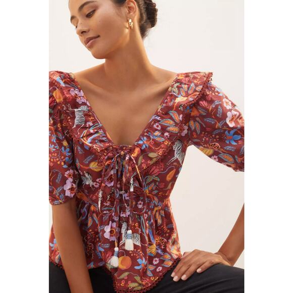 NWT ANTHROPOLOGIE MAEVE Ruffled Tie Front Blouse Safari Print Small S - Picture 2 of 7